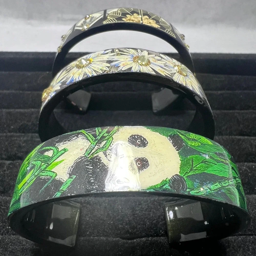 Set of 3 Resin Cuff Bracelets Panda Bear Floral Daisy Art Deco Black Wide Bangle